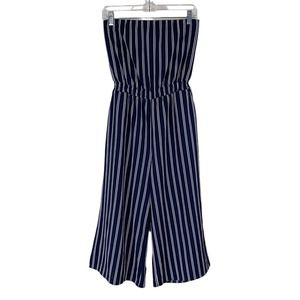Lulus Saltwater and Sun Navy Blue Striped Strapless Midi Jumpsuit Women’s M